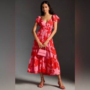 Anthropologie Red and Pink Floral Maxi Dress